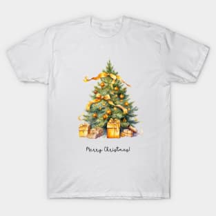 Gold Christmas Tree with Presents Watercolor Art T-Shirt